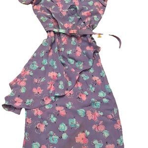 Vintage 80’s Charlee Allison Purple floral Chiffon Asymmetric peplum dress.7//8